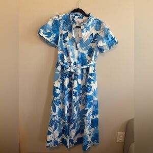 Sugarlips Blue & White Floral Midi Shirt Dress with Tie Waist